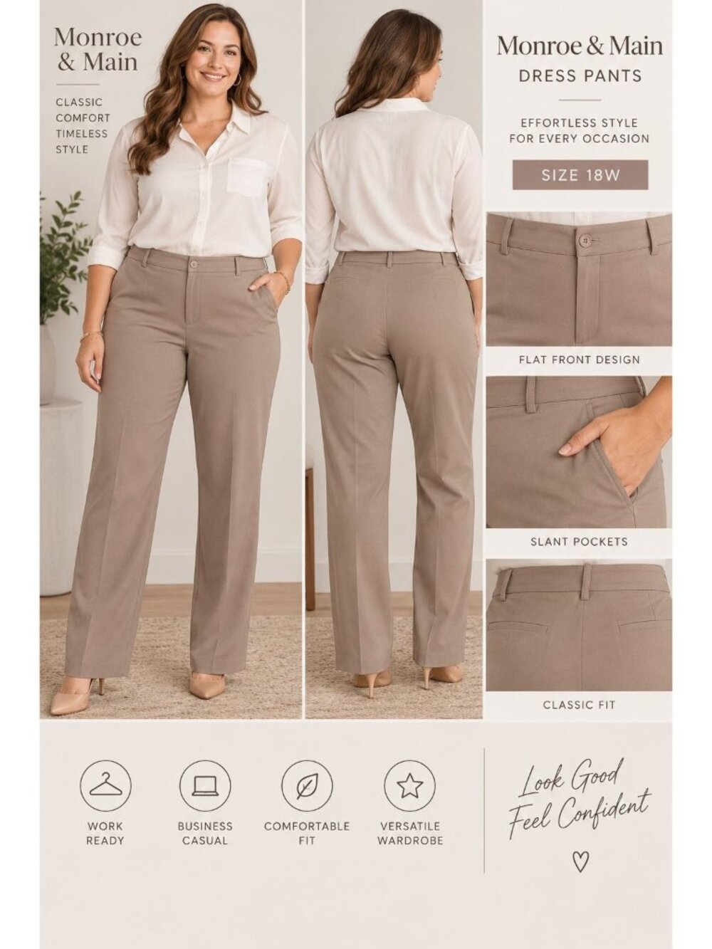 Monroe & Main taupe dress pants flat front, slant pockets, belt loops Size 18W